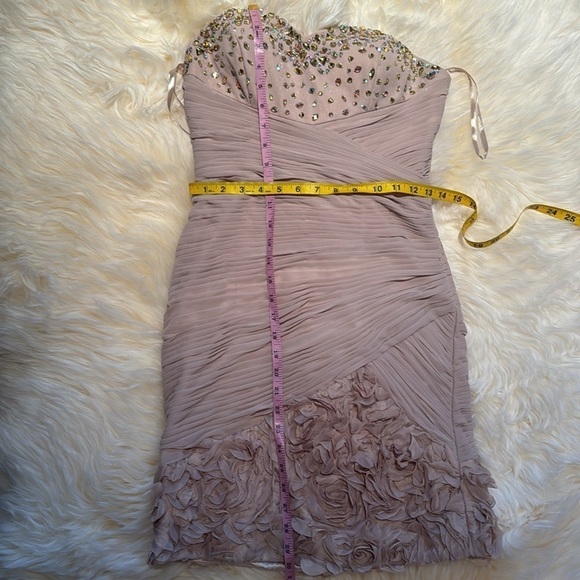 Nude Beige cocktail formal dress strapless mini bodycon jeweled pleated florette - Picture 8 of 11